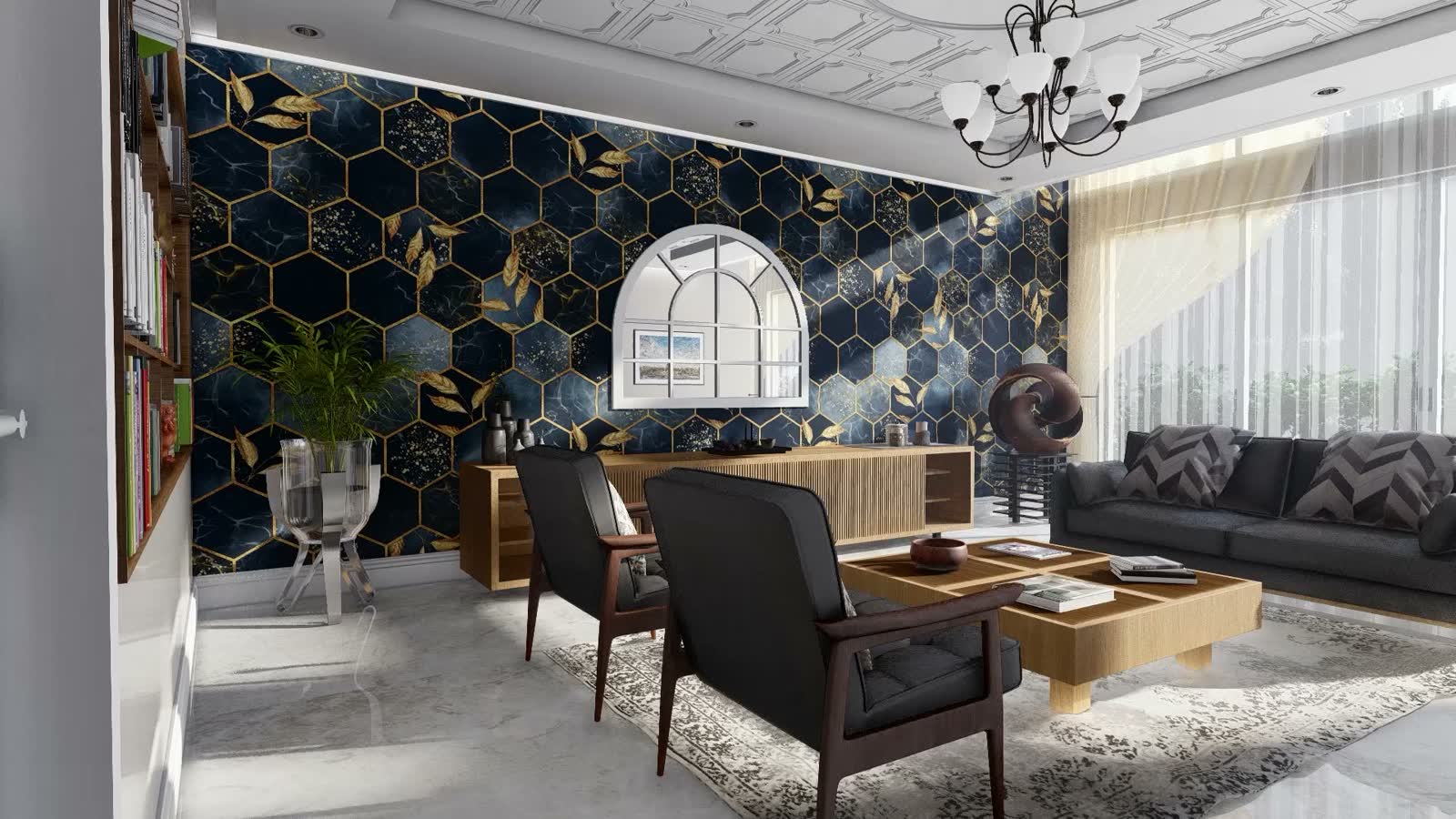 A living room with a hand-made arched window-pane mirror above a timber sideboard